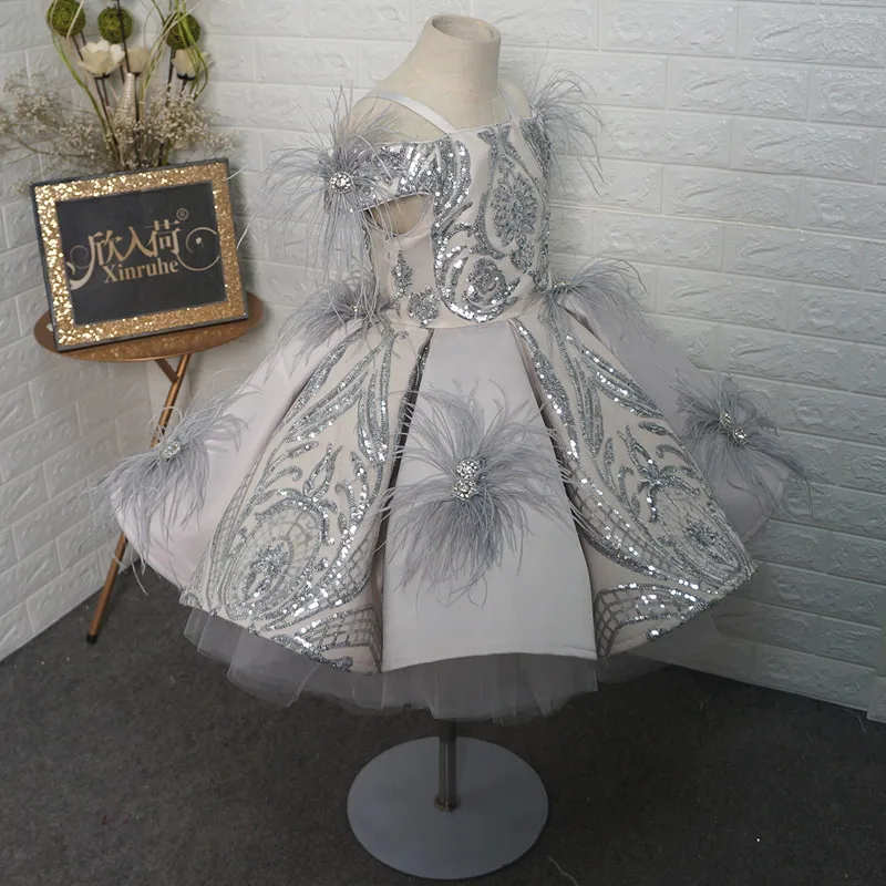 New Silver Embroidery Baby Girls Dresses Satin Feather Infant Kids Clothes Children Birthday Party Dress 1 2 4 8 12T