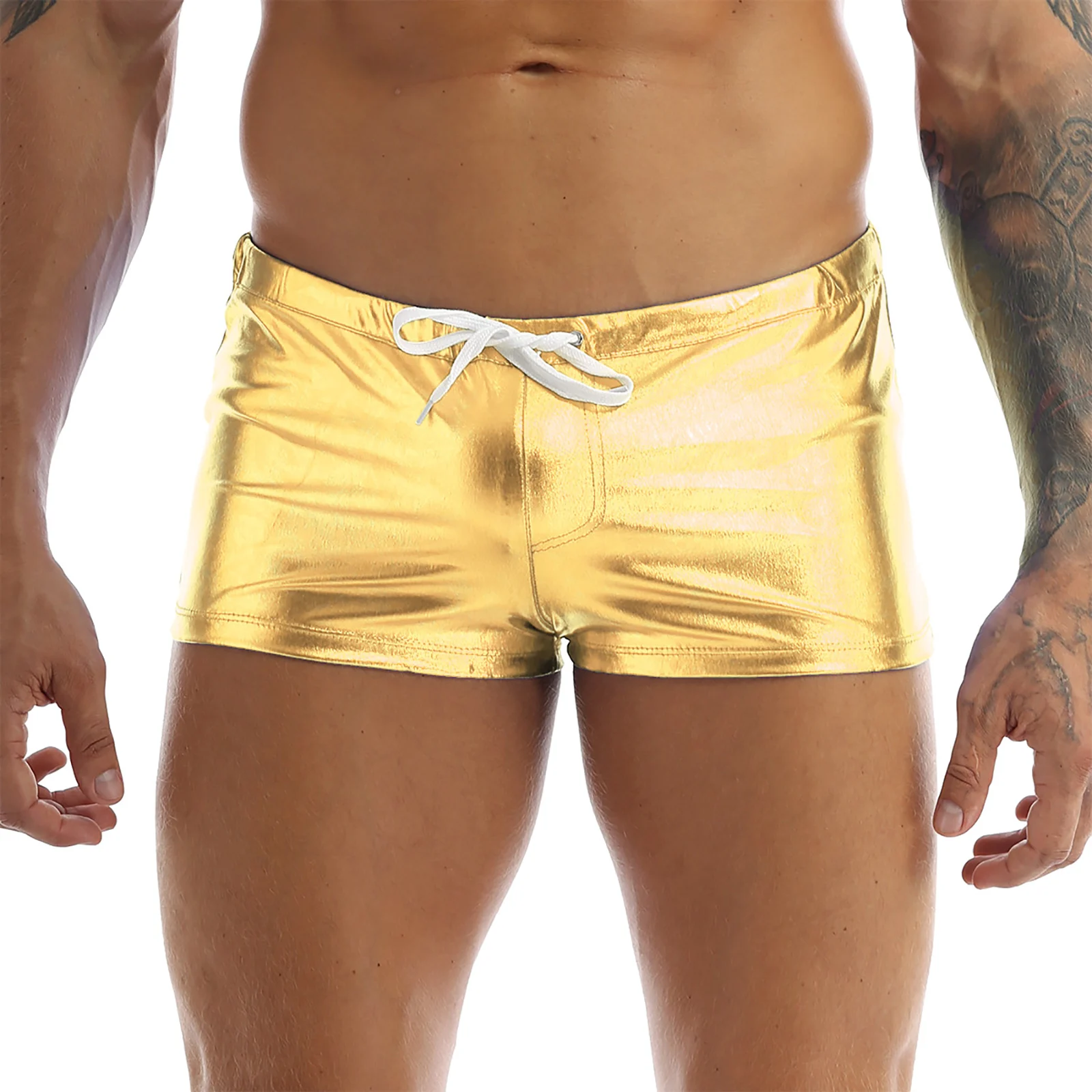 Men Wetlook Patent Leather Boxer Shorts Elastic Waistband Zipper Crotch Hot Pants Bottoms for Nightclub Pole Dancing Performance