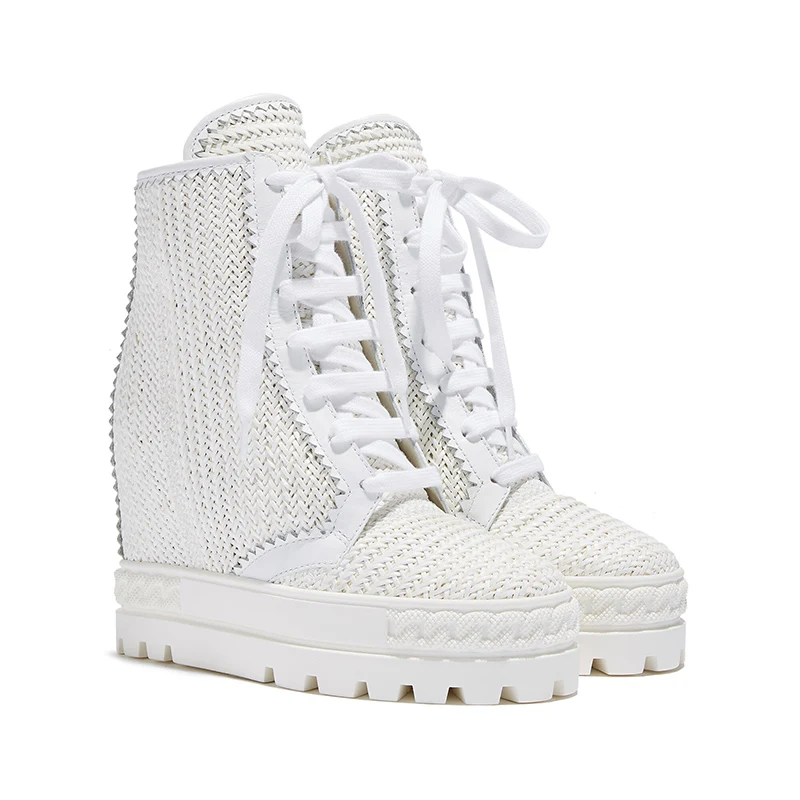 

White Cow Leather Braided Hidden Wedge Ankle Boots Roman Thick Platform Sole Height Increasing High Top Lace-up Sneaker