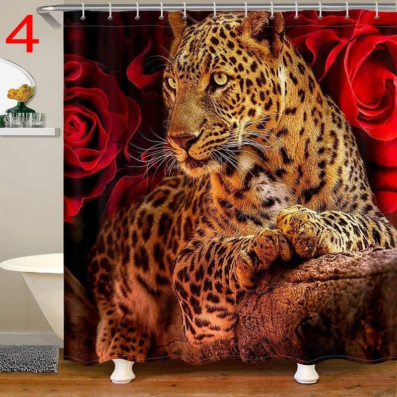 Waterproof Fabric Bathroom Decor Sets with Hooks, Wild Animal Shower Curtain, Lion, Tiger, Leopard, Flower Theme, Washable