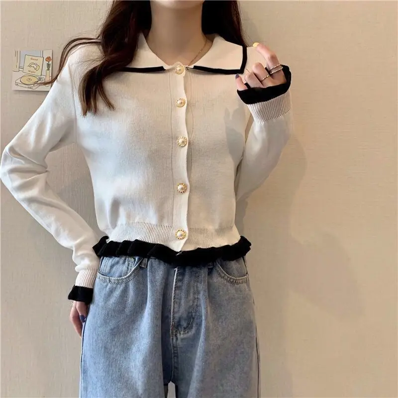 

Women's Knitted Cardigan Turn-down Collar Sweet Ruched Long Sleeves Short Thin Top Wholesale Button New Elegant Female Clothing