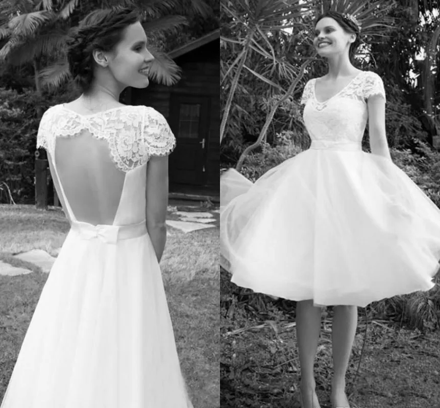 

Wedding Dresses Short Beach V Neck Sheer Lace Capped Sleeves Sexy Open Back Cheap Bridal Gowns with Sash Bow Robe De Mariage