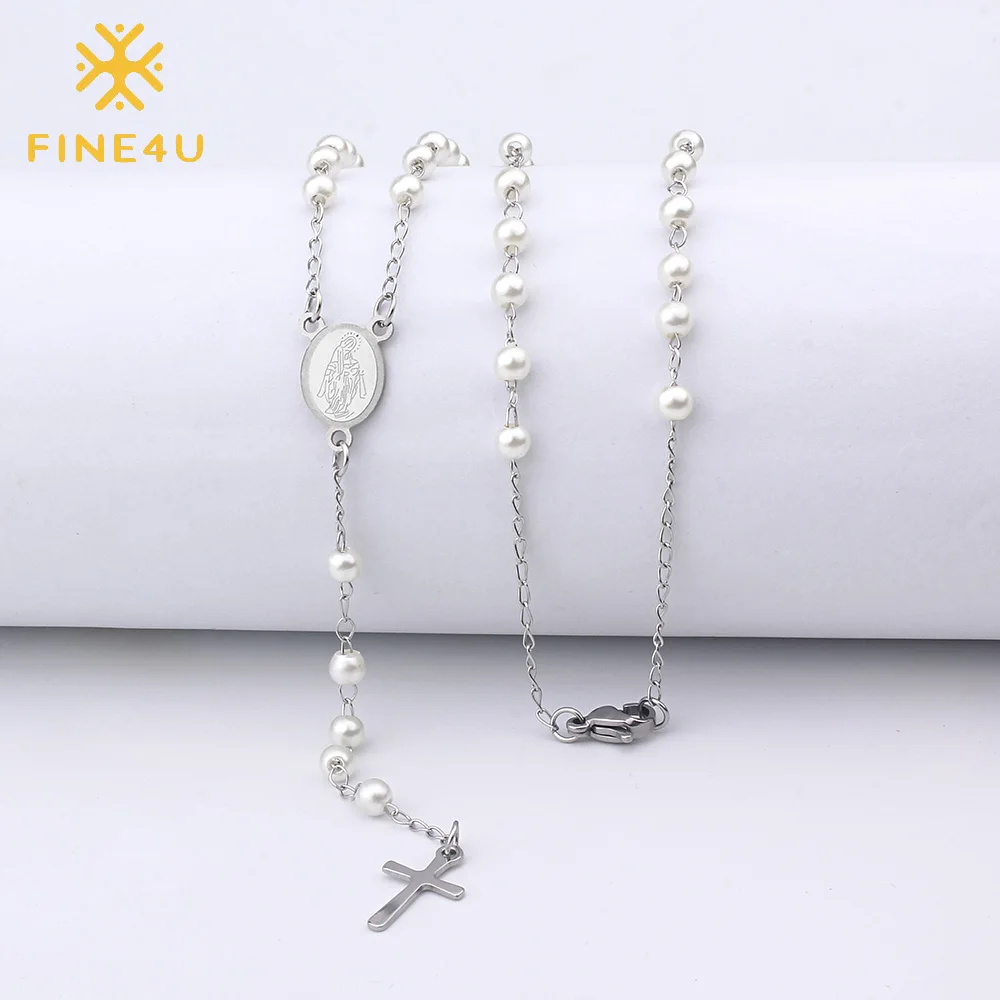 FINE4U N421 Stainless Steel Cross Virgin Mary Pendant Necklace 4mm Rosary Pearls Beads Necklaces For Christian Jewelry