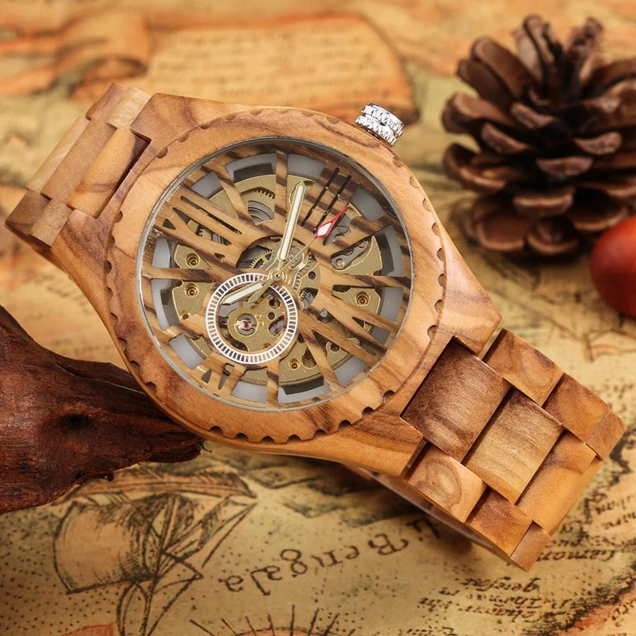 Cherry Wood Mens Watches Retro Hollow Skeleton Dial Automatic Mechanical Wood Clock Adjustable Wooden Bracelet Mens Wristwatch