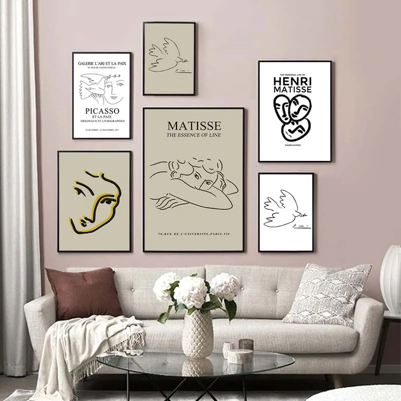 Abstract Lady Line Drawing Picture Matisse Minimalist Figure Peace Dove Canvas Painting Wall Art Poster for Living Room Decor