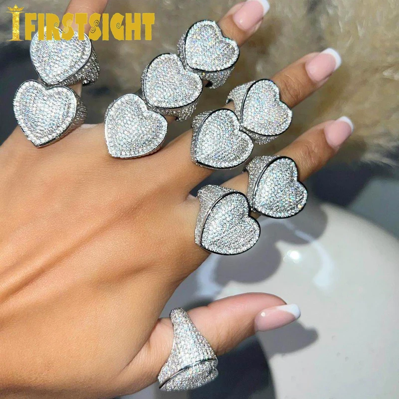 New Iced Out Bling Big Heart Ring Gold Silver Color Rectangle CZ Micro Pave Cubic Zircon Finger Hip Hop Punk Men Women Jewelry