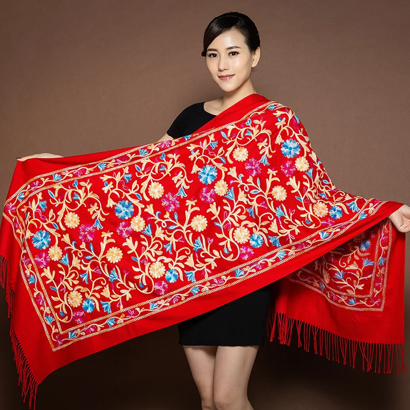 Blanket New Winter Warm Scarf For Women Capes Lady Soft Wool Pashmina Shawls Flower Embroidery Artificial Cashmere Female Wraps