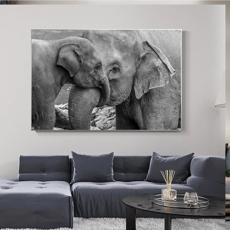 

Black and White Elephant and Baby Elephant Canvas Painting Posters and Prints Animals Wall Art Pictures for Home Decor