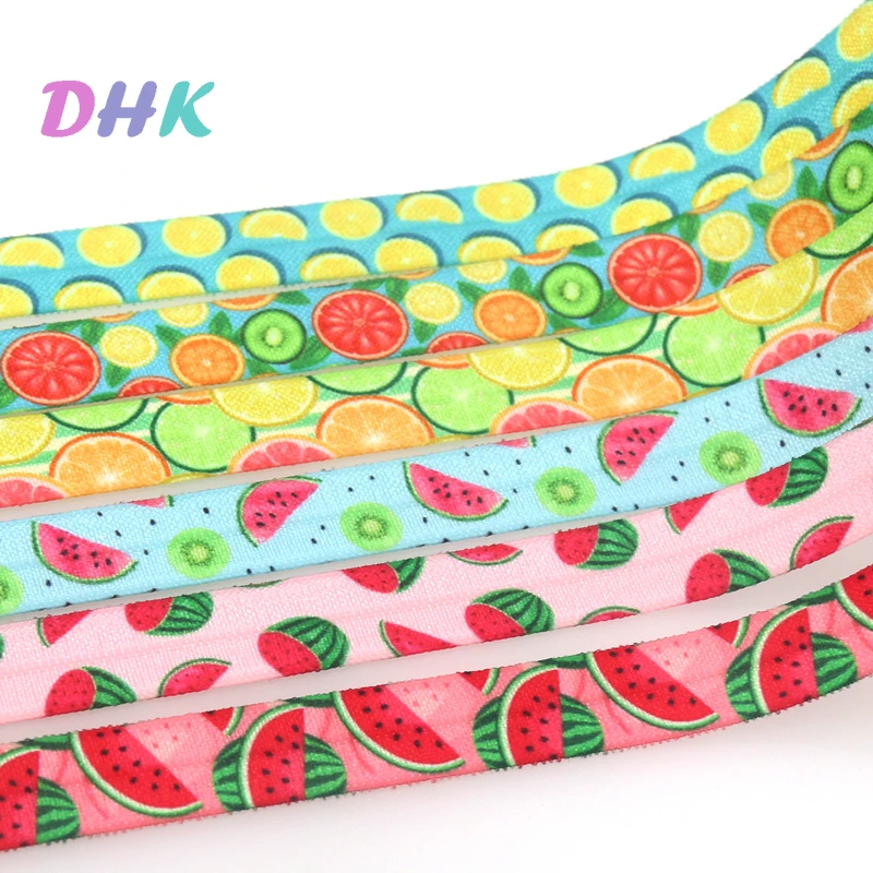 DHK 5/8'' 5yards Watermelon Lemon Orange Printed Fold Elastic FOE Stretch Ribbon Hairbow Headwear Headband DIY OEM C1923