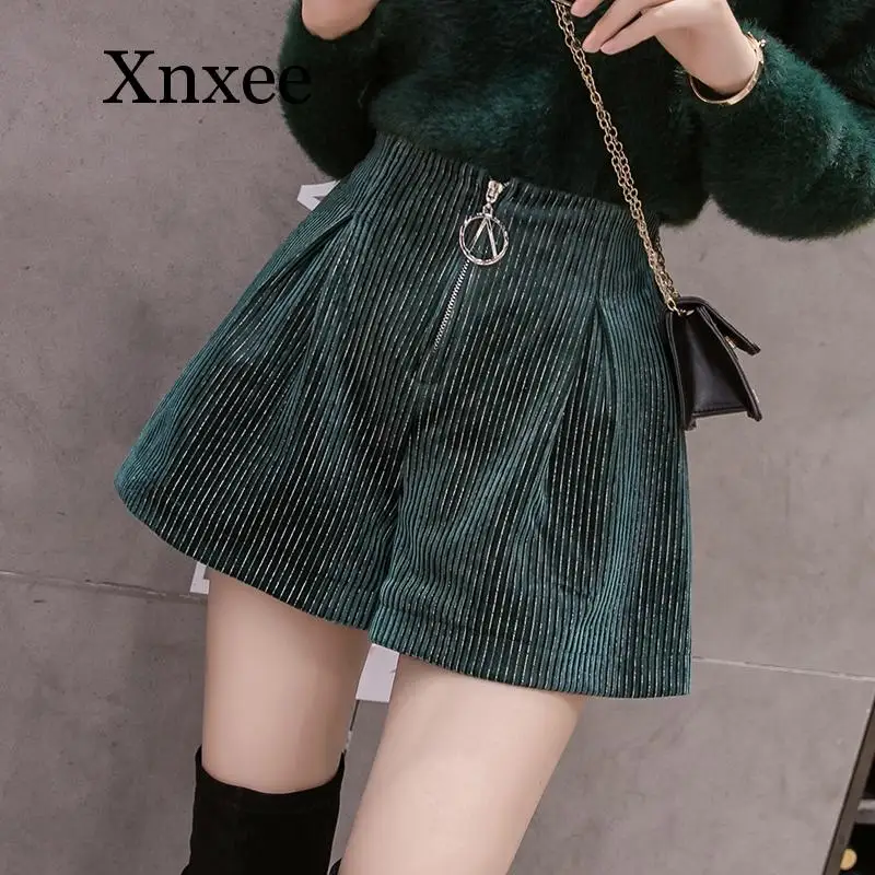 

Autumn Winter Corduroy Women Shorts Korean Style High Waist Wide Leg Shorts Woman Casual Loose Shorts Zipper Fly Elegant Green