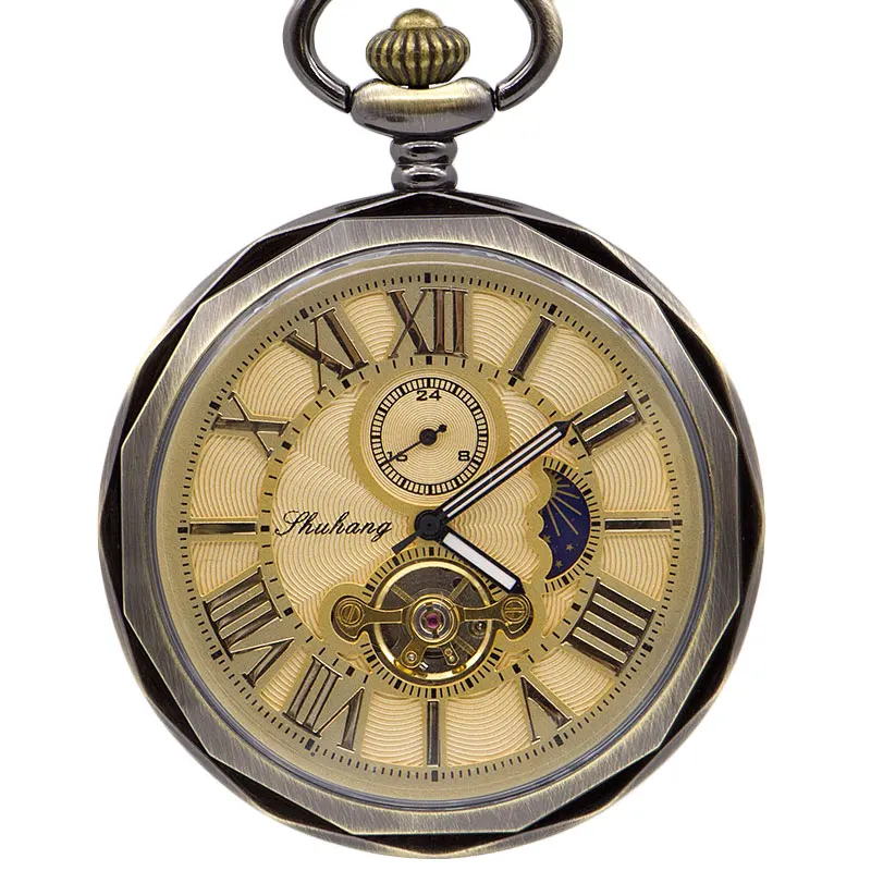 Montre de poche mécanique en forme de lune dorée pour hommes et femmes, accessoire de luxe de haute qualité, avec pendentif en chaîne, cadran, Tourbillon, chiffres romains, PJX1398