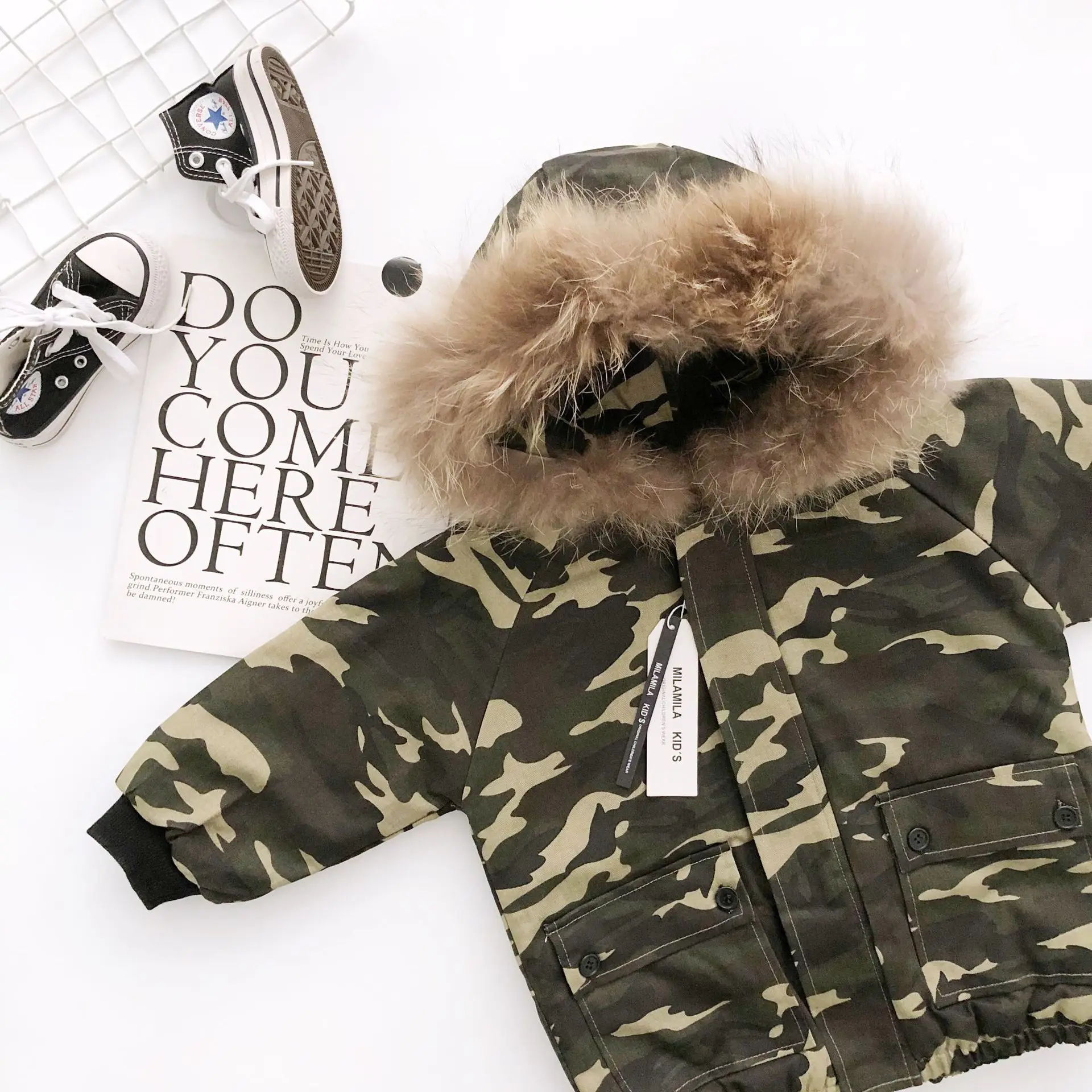 Autumn and winter new boys and girls camouflage mid length hooded cotton jacket