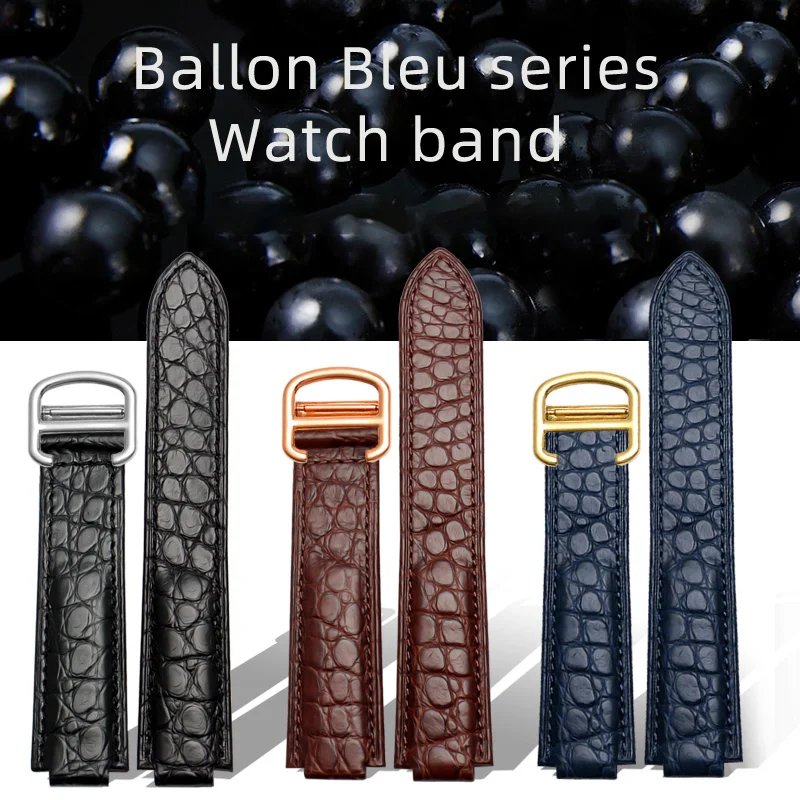 Crocodile Leather Watch Strap for Cartier Blue Balloon WSBB0025 W69012Z4 14x8mm 20x12mm 16x8mm Men Women Convex Watchband