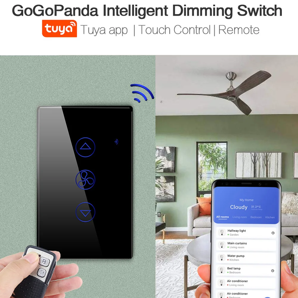 US Standard Touch Dimmer Fan Switch Wifi Tuya App + Remote Control 1 Gang Wall Smart Automation Switch 220V Speed Phone Adjust