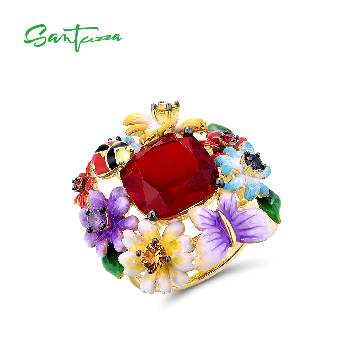 SANTUZZA Pure 925 Sterling Silver Rings For Women Colorful Flowers Ladybug Ring Sparkling Red Stone Handmade Enamel Fine Jewelry