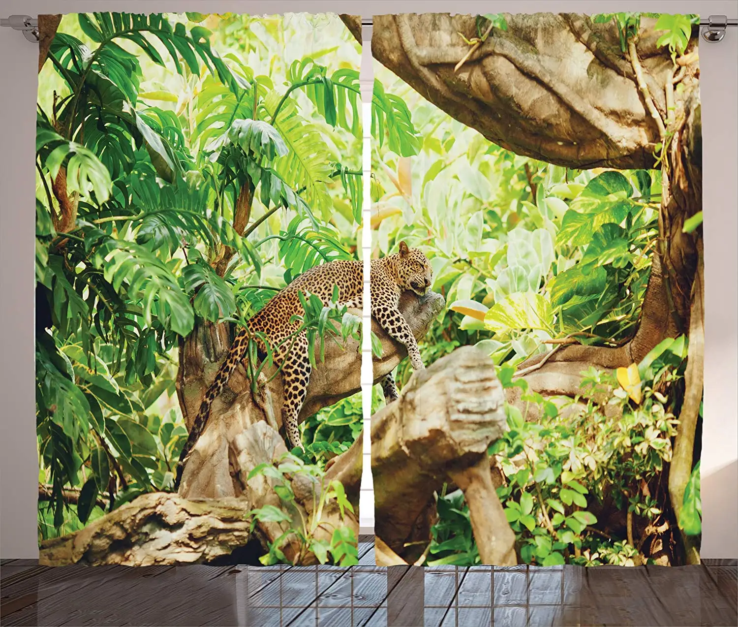 Safari Curtains Leopard on The Branch in Savanna Exotic Macro Tropical Leaf Jungle Wild Nature Living Room Bedroom Decor