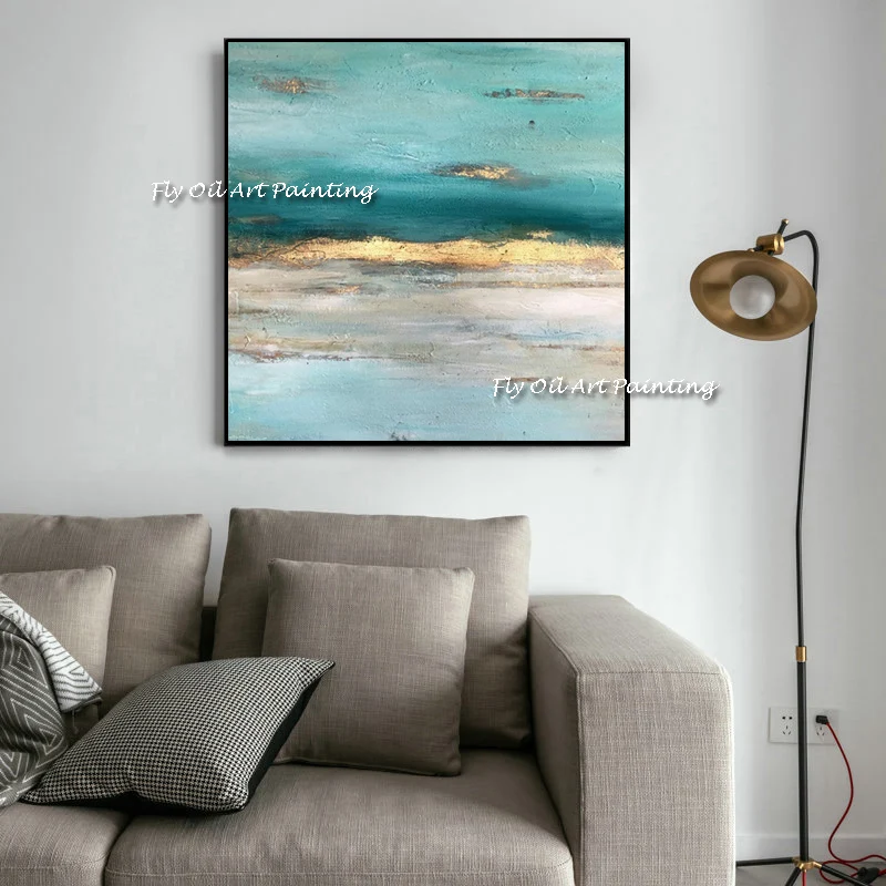 

The Hand-painted Animal Color Blue Sky Oil Painting Mural Corridor Abstract Pictures for Living Room Decor Gold Wall Artwork