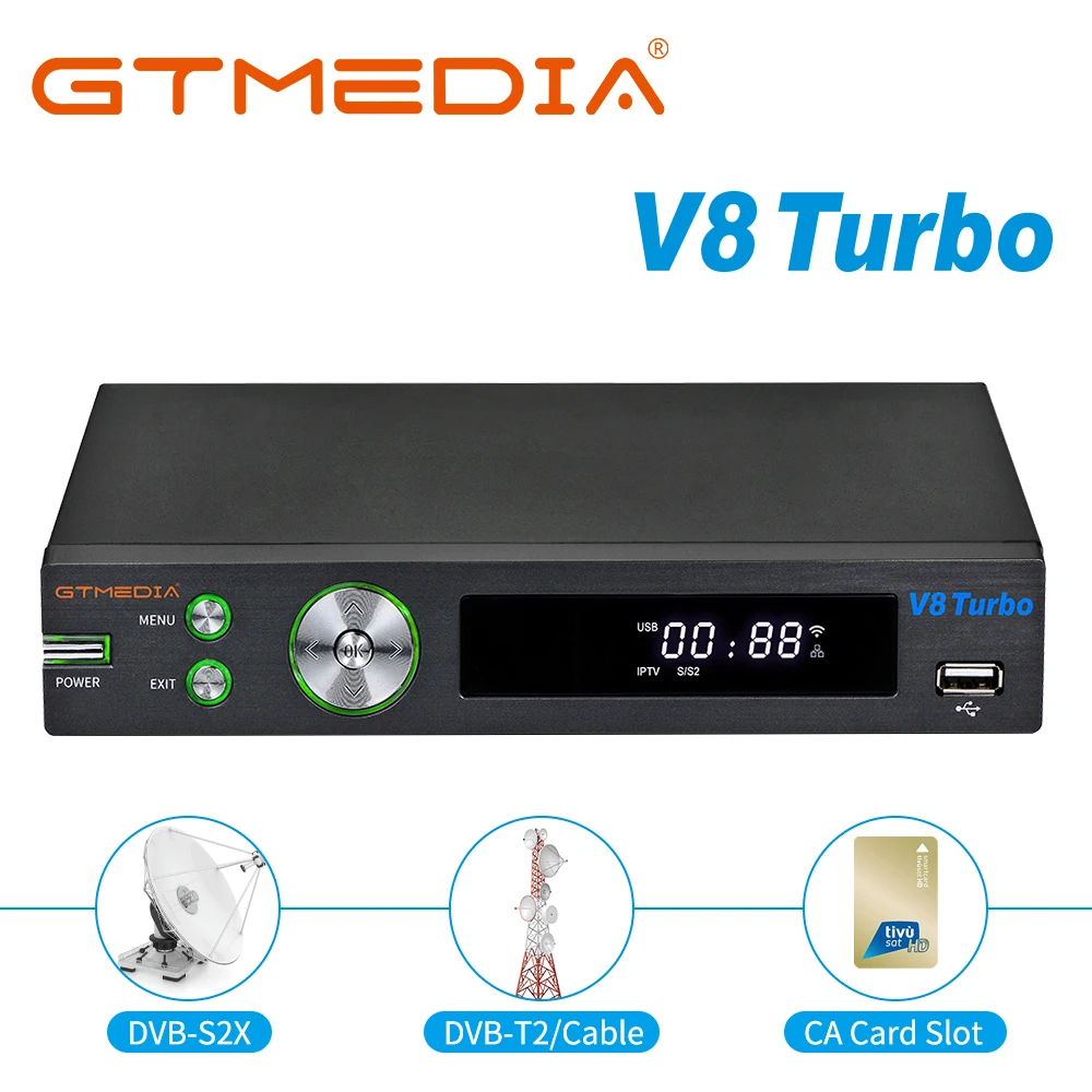 GTMEDIA V8 Turbo Satellite Receiver TV BOX Decoder H.265 HEVC 1080P HD DVB-S/S2/S2X+DVB-T/T2/Cable Support M3U CA Card VCM/ACM