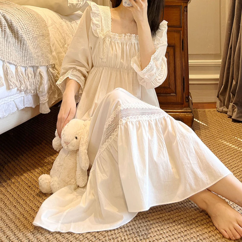 Victorian White Night Dress Women Pure Cotton Sexy Lace Ruffles Long Sleeve Robe Peignoir Sleepwear Princess Vintage Nightgowns