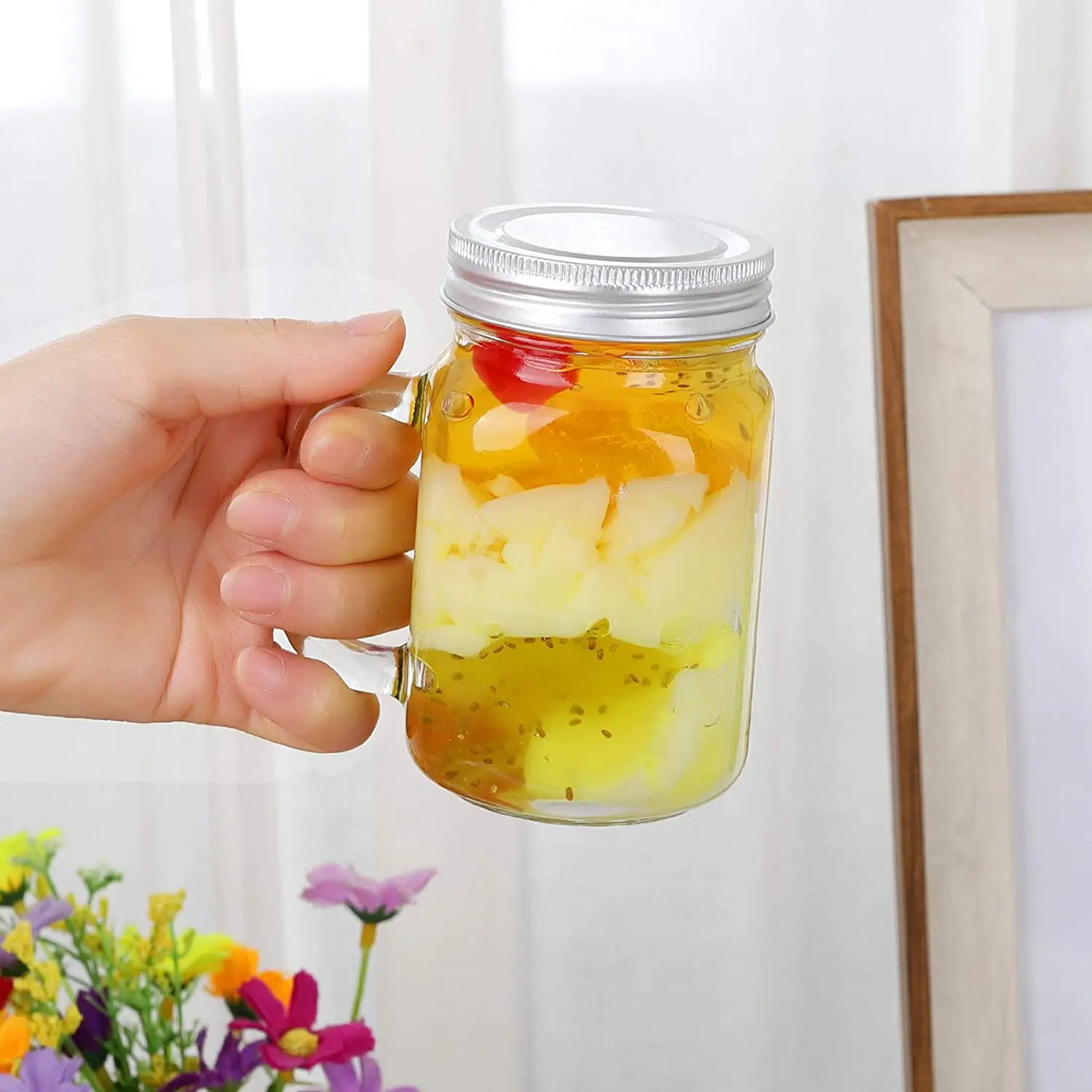 Mason Jar Cup with Handle and Lids , Fashioned Drinking Glass for Beverages, Decoration, Storage, Party Favors, Cocktails, Float