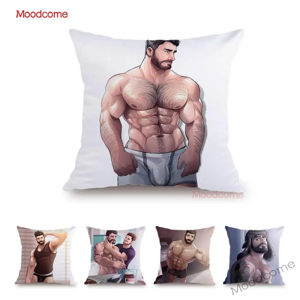 

Cozy Sexy Boyfriend Cartoon Velvet Throw Pillow Cover Hairy Jock Muscle Man Love Gay Homosexual Art Sexy Boy Sofa Cushion Cover