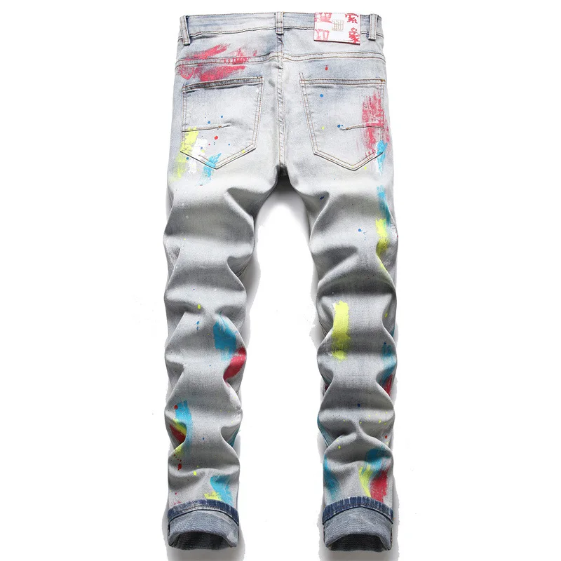 New 2021 Autumn Men's Small Straight Retro Blue Men's Self-Cultivation Micro-Elastic Ripped Paint Jeans Trendy Fashion Trousers