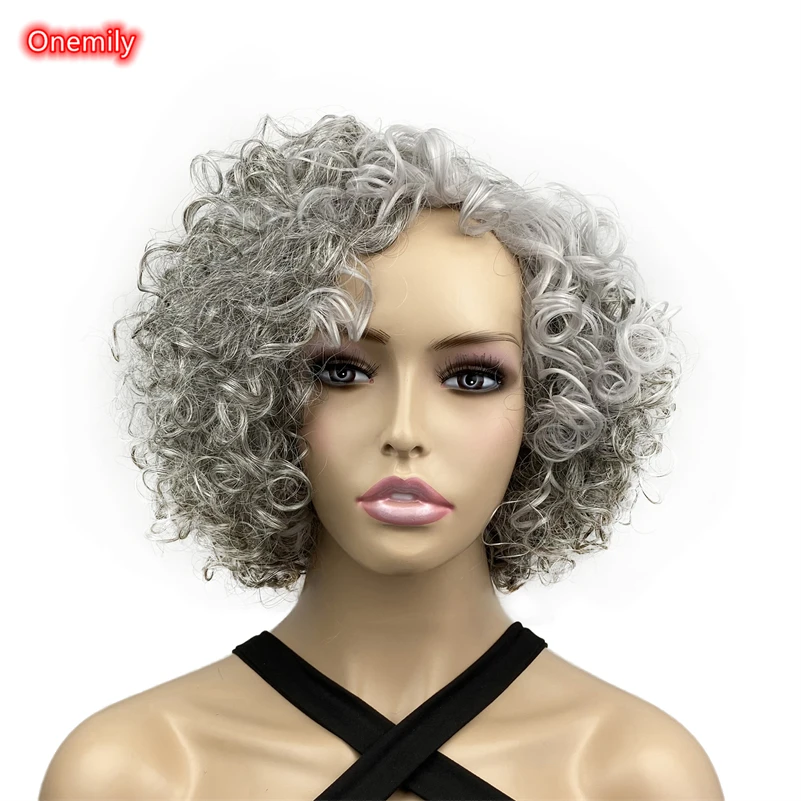

Onemily Halloween Short Kinky Curly Asymmetrical Wig Ombre Silver Gray Natural Women Wigs Cosplay Costume Party Theme Party