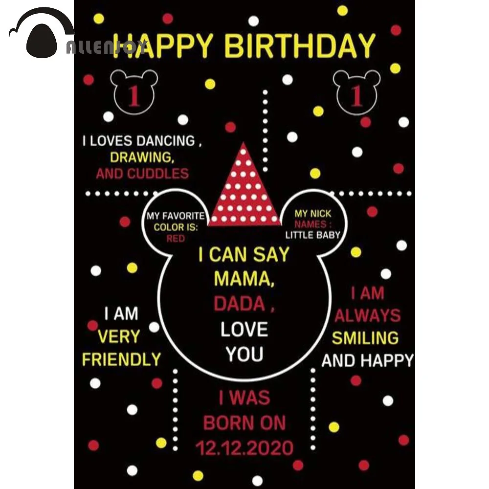 Allenjoy – fond de dessin animé avec souris, décor de fête d'anniversaire, tableau noir, pour fête prénatale, pour nouveau-né, pour séance photo