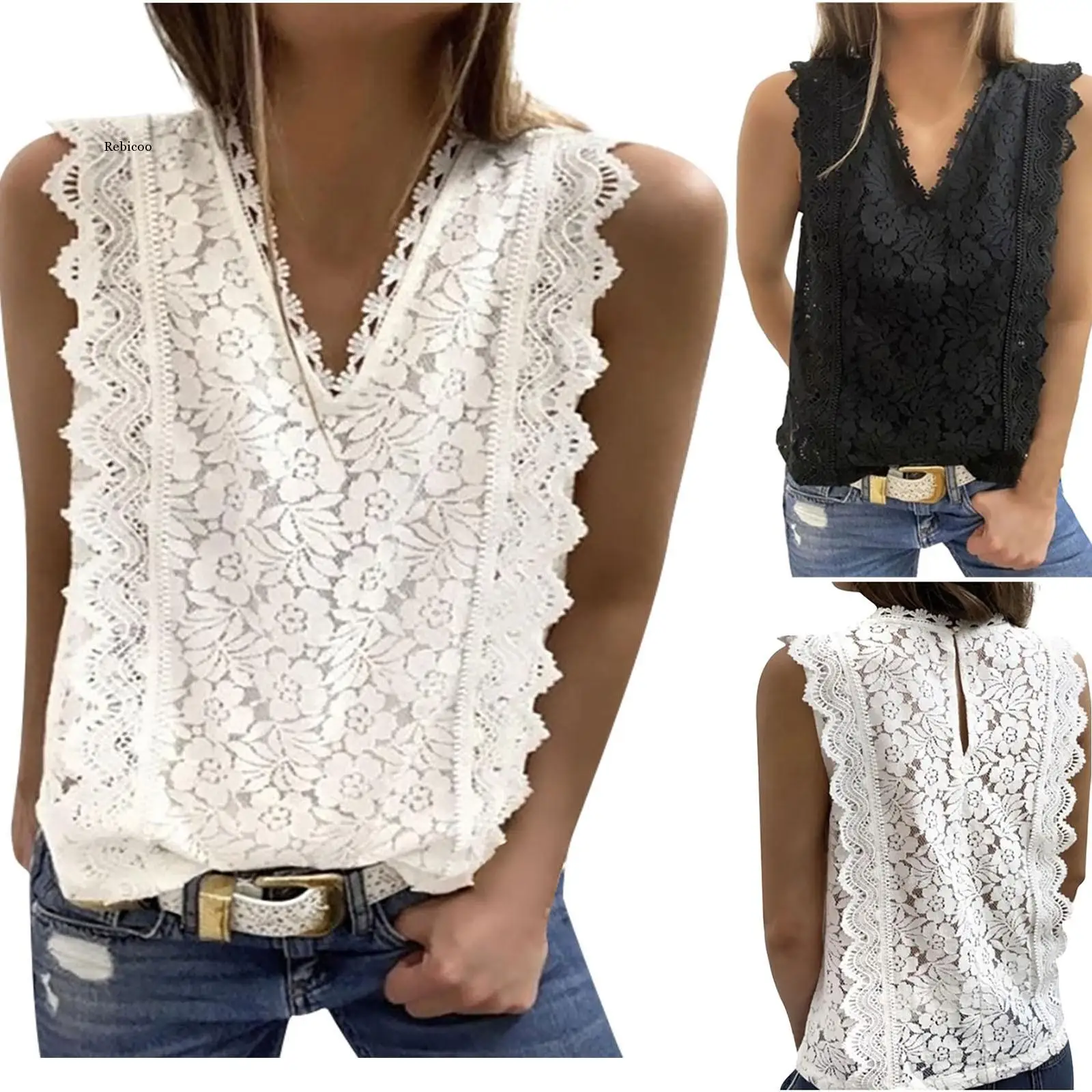 Summer Lace T Shirt Women Fashion Sexy Sleeveless Solid Shirt Hollow Party V-Neck Shirt  Hot Top Camisetas