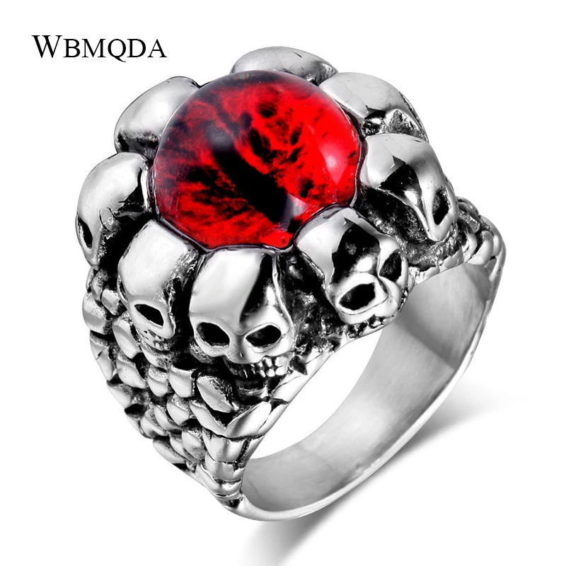 wbmqda Punk Men Ring Antique Silver Color Mosaic Red Stone Steamed Ring Size 7-15 Drop Shipping