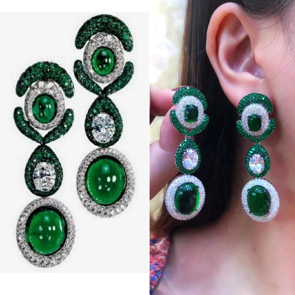 

Missvikki Luxury Dangle Earrings Trendy Shiny Green CZ Full Mirco Paved Cubic Zircon Naija Wedding Fashion Jewelry Gift