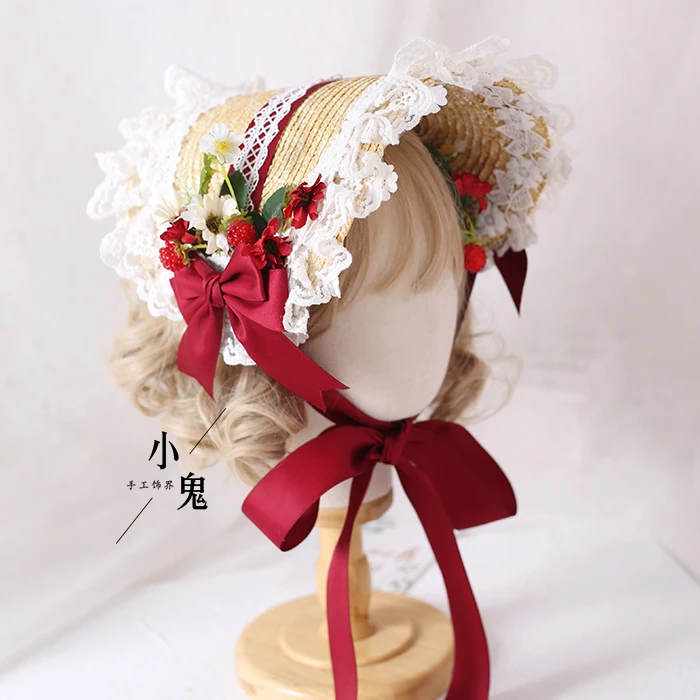 Straw Hat Flat Cap Lolita Hand Gorgeous Elegant Tea Garden Multilayer Lace Knight BNT Cap