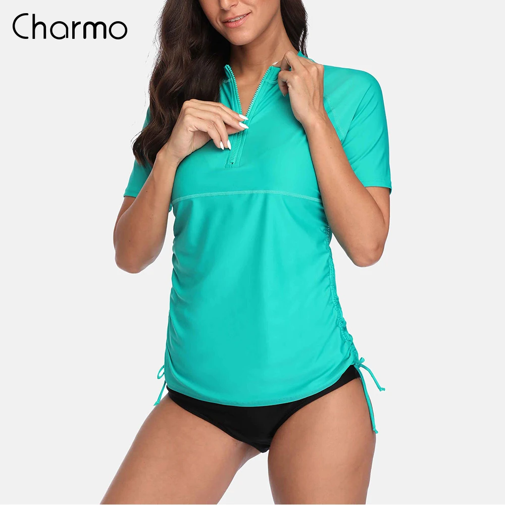 Charmo camicie Rash Guard a maniche corte da donna con Zip davanti costumi da bagno Top fasciato laterale Solid Top Diving Shirt UPF 50 +