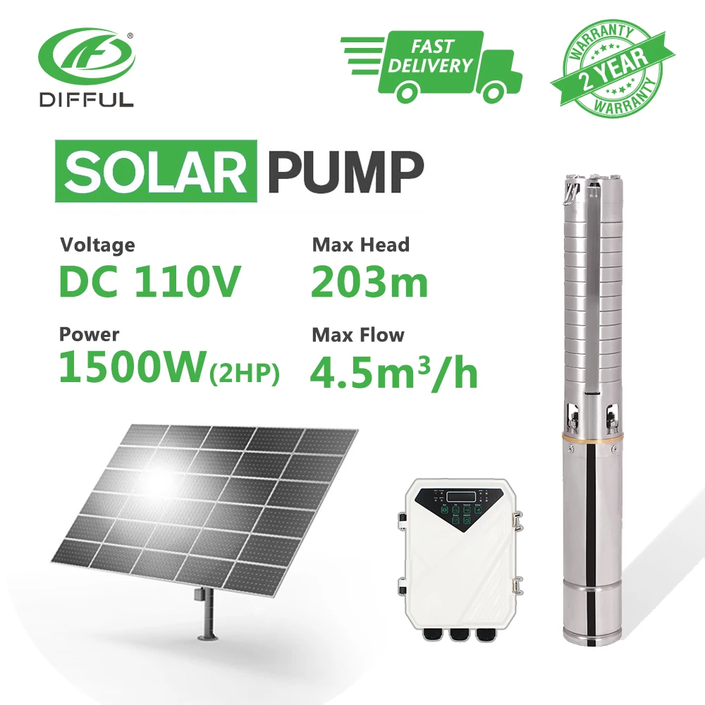 

4" DC Deep Well Solar Water Pump 110V 2HP MPPT Controller with Stainless Steel Impeller Borehole Sun Power High Pressure