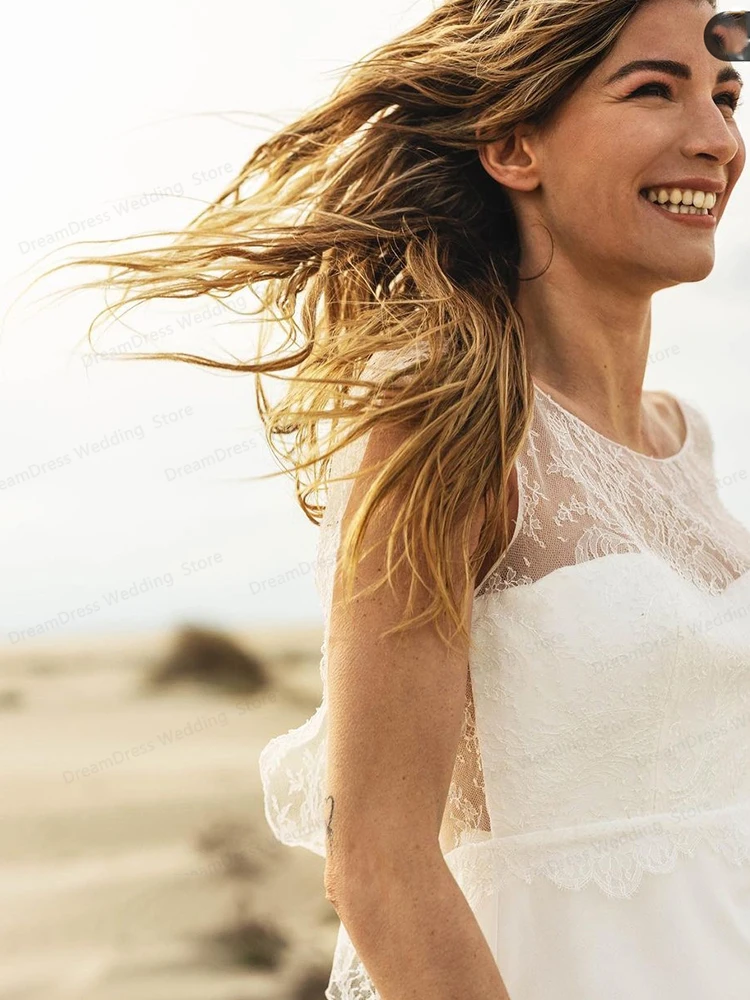 Vestidos de casamento boêmio praia simples laço vestido de noiva sem costas manga curta robe de mariee branco a line até o chão chiffon