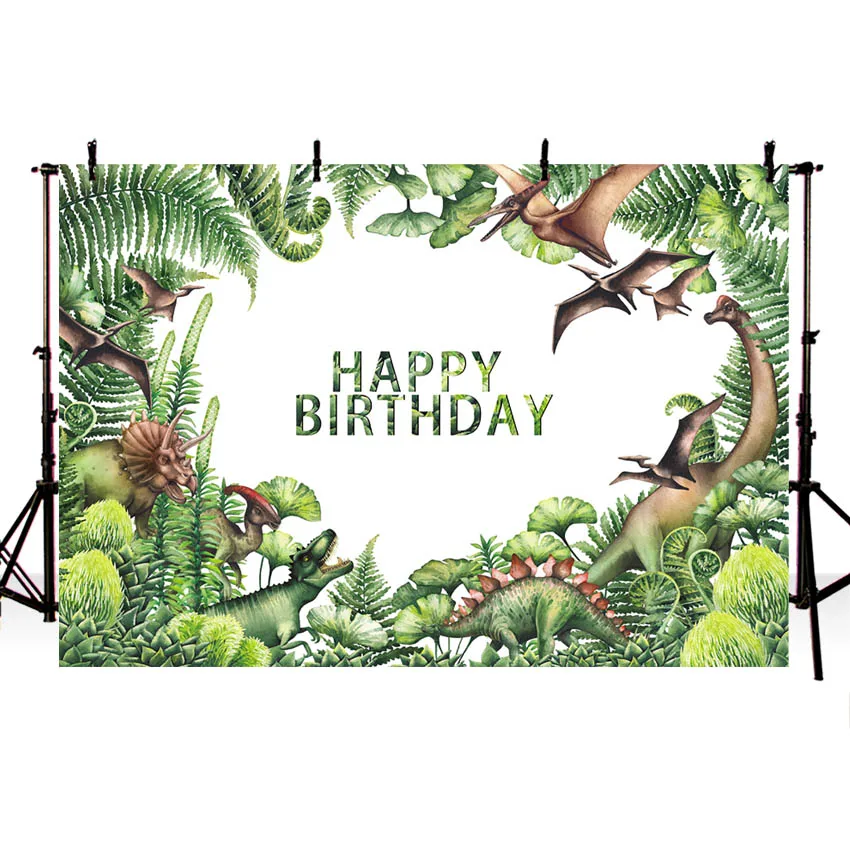 Watercolor Dinosaur Backdrop Green Jungle Plant Jurassic World Park Dinosaur Theme Birthday Photography Background Decoration