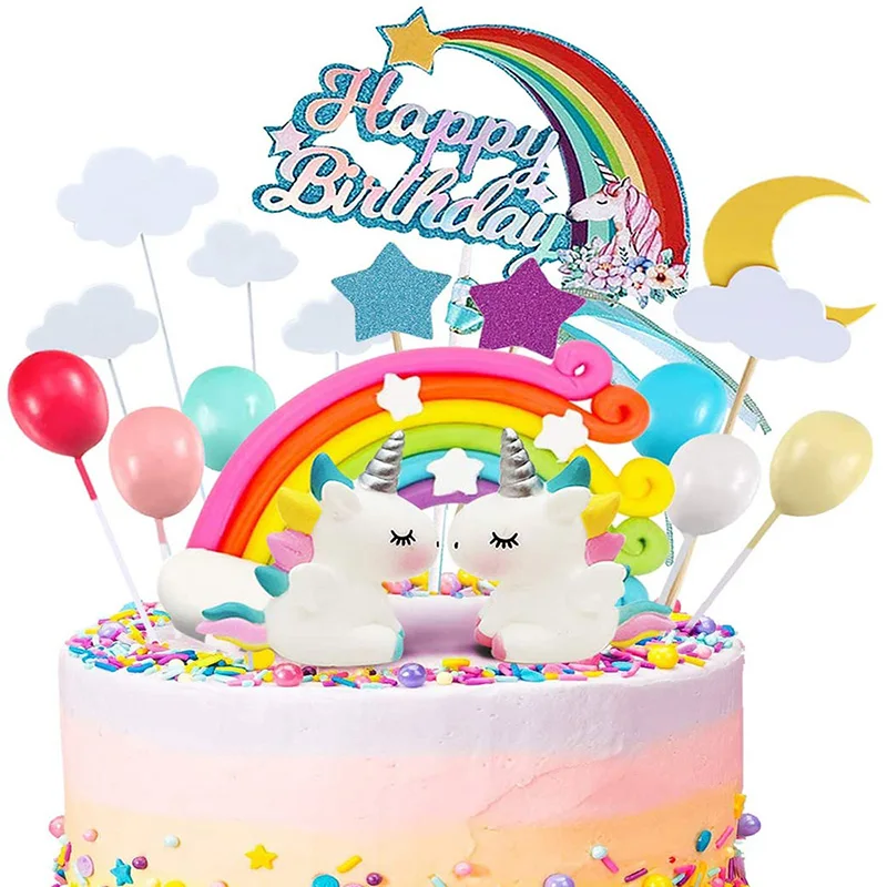 21pcs Unicorn Cake Topper Kit Cloud Rainbow Balloon Happy Birthday Banner Cake Decoration For Boy Girl Kid Birthday