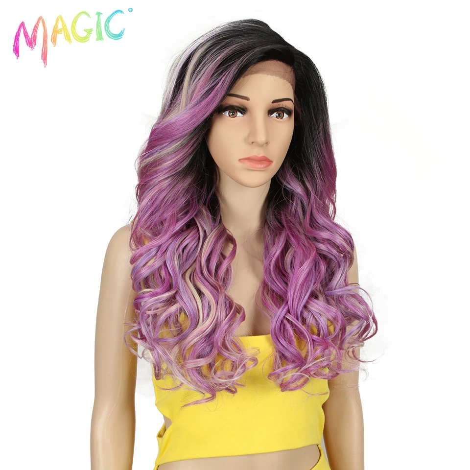 Magic Synthetic Lace Wig Curly Wig 22 Inch Wavy Blonde Grey Pink Purple Heat Resistant Wigs For Black Woman Cosplay Side Part