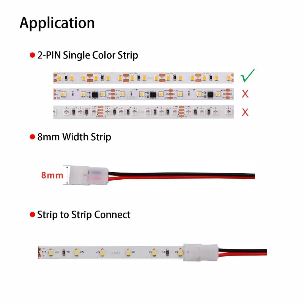 10pcs 8mm 2pin LED Strip Connector with Wire Stable Quick Connector for 2835 3528 5050 LED Lights Strip to Power Connector