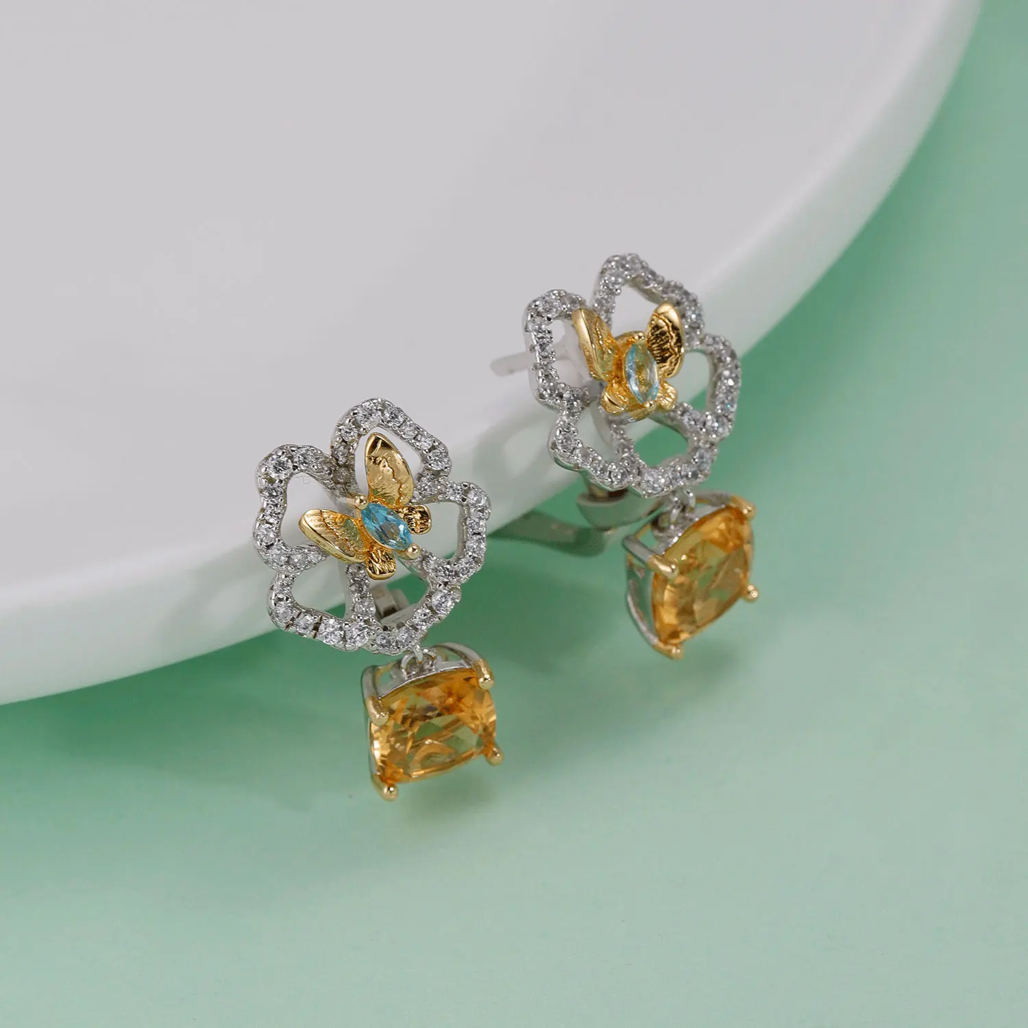 Gem's Beauty 925 Sterling Silver Pansy Stud Earrings Natural Citrine Zircon Halo Earrings For Women Fine Jewelry