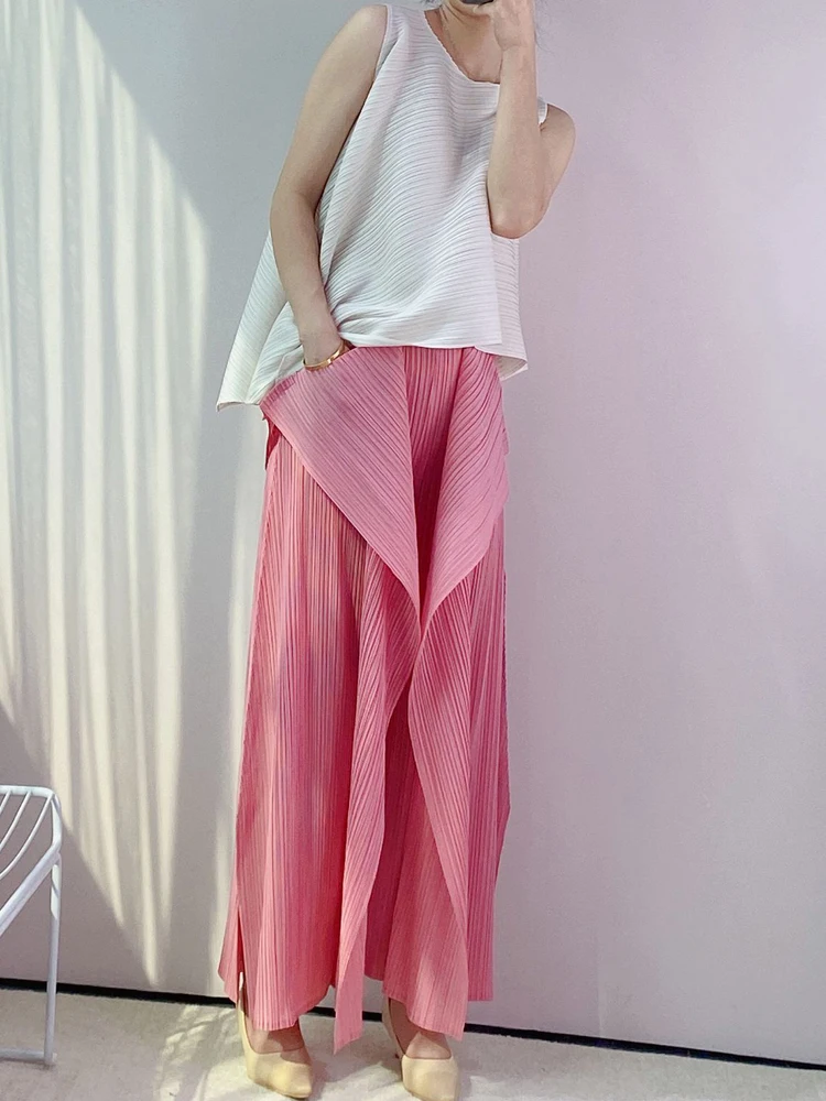 

Summer Miyak Pleated women pants Fashion Design Solid Loose Large Size Women's wide leg trousers Kelp pants