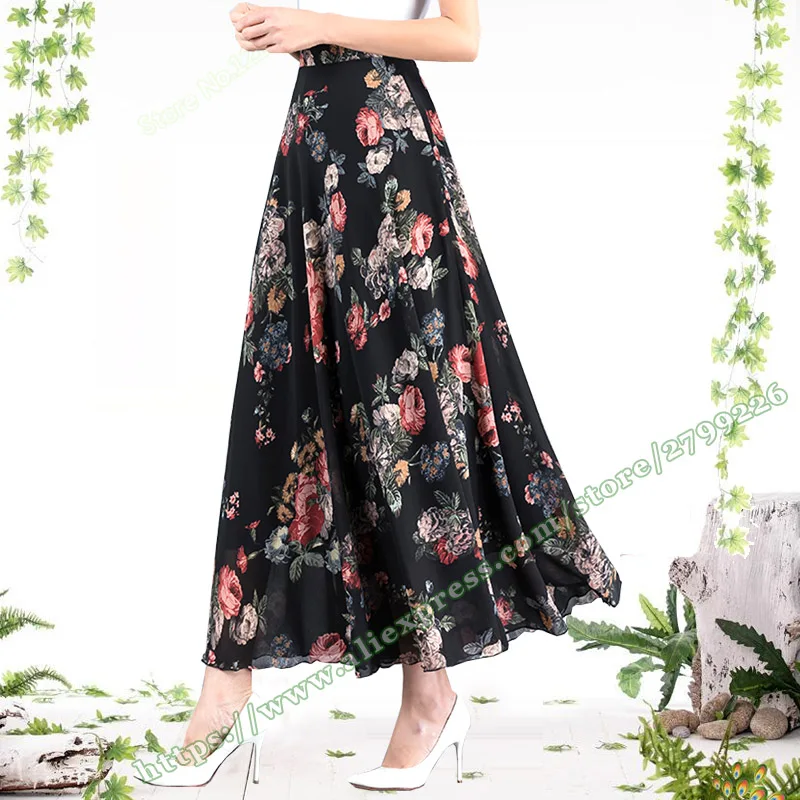 

Large Plus Size 5XL 6XL Summer Fashion Female Floral Pattern Chiffon Big Flower A-line Ladies Long Maxi Skirts for Womens