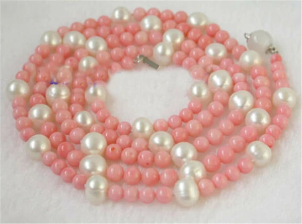 HABITOO Ethnic 5-6mm Natural Round Pink Coral White Baroque Freshwater Pearl Mix Necklace for Women Fashion Jewelry 32 Inch