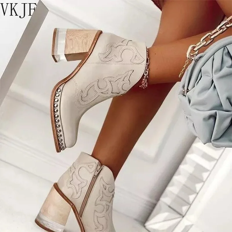 2023 Leather Women Ankle Boots Women\'s Shoes Low Heel Cool British Embroidered Design Soft Short Boots Party Women Footwear