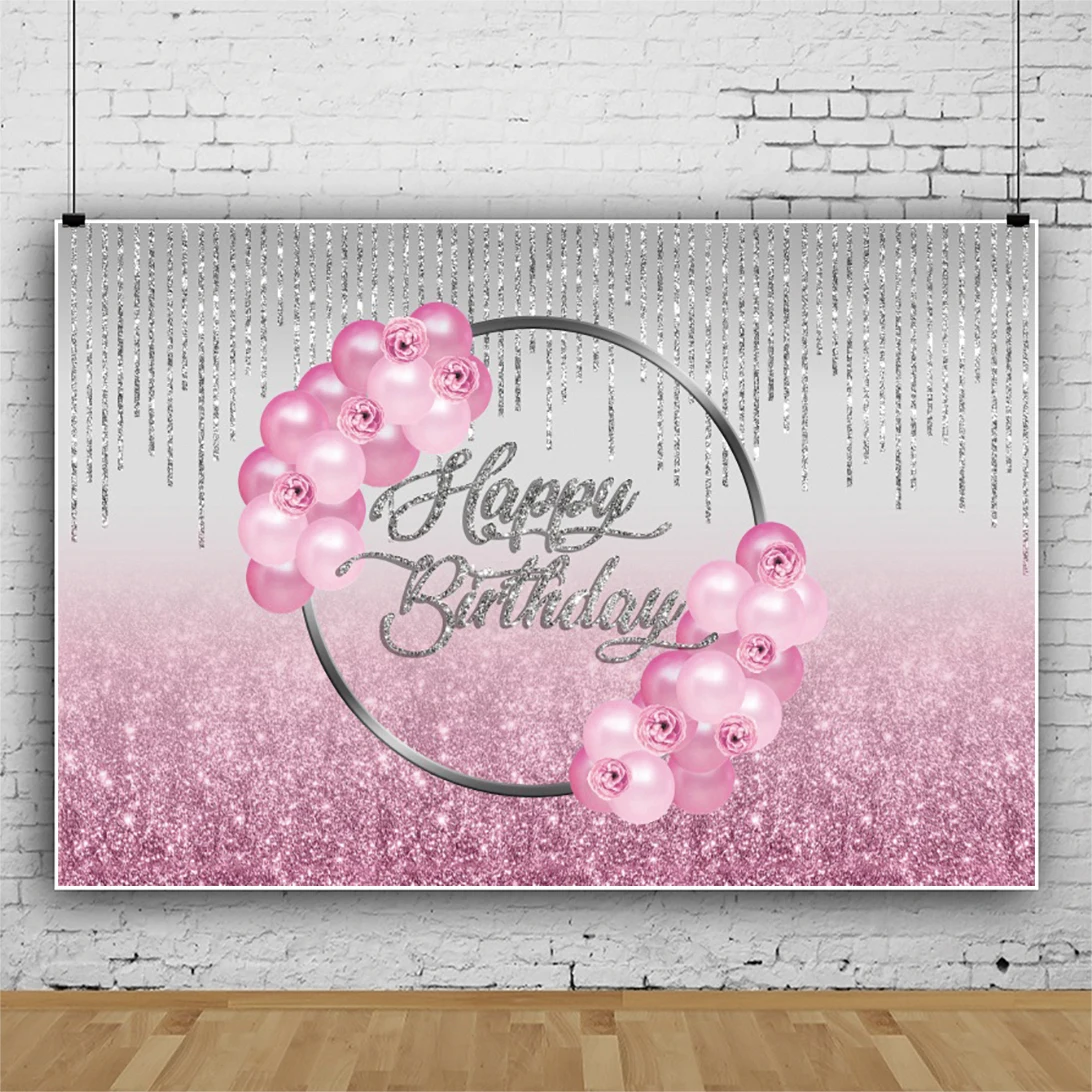 Laeacco Photo Backdrop Pink Red Balloons Birthday Party Glitters Star Dots Pendant Stage Customized Poster Baby Photo Background