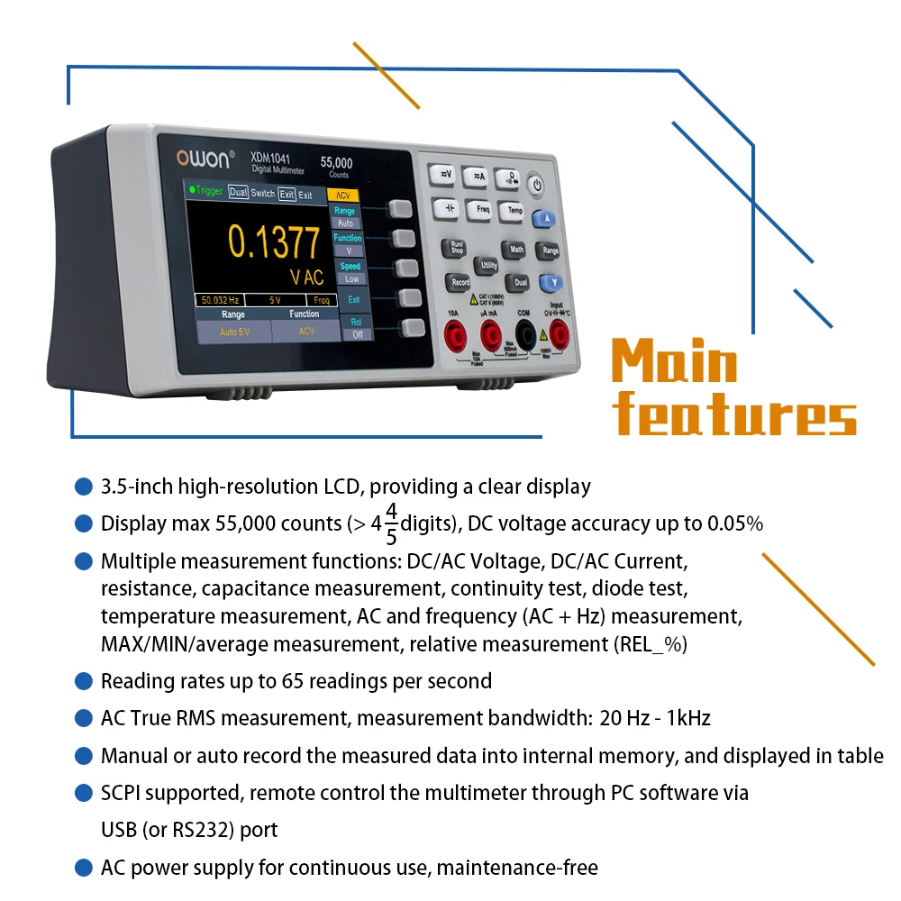 Imagem -04 - Owon Xdm1041 Mini Desktop Multímetro Digital 3.5 Polegada Lcd Medidor de Tensão e Corrente Verdadeiro Rms Temperatura Tester