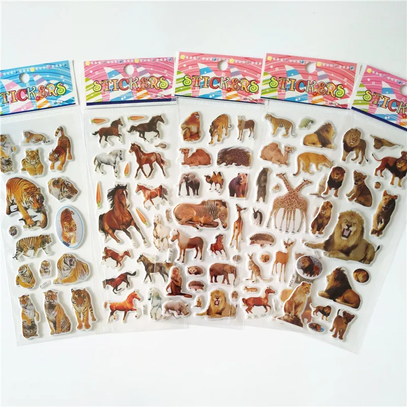 6 Sheets 3D Animal Lion Tiger Cartoon Dinosaur Stickers Diary PVC Puffy Reward Kids Lot Educational Bubble Stickers for Child