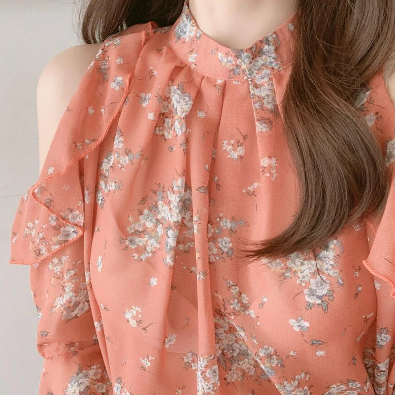 Off Shoulder Chic Tops Flare Sleeve Cute Sweet Girls Women Flhjlwoc Japanese Korea Style Floral Hollow Out Ruffled Top Blouse