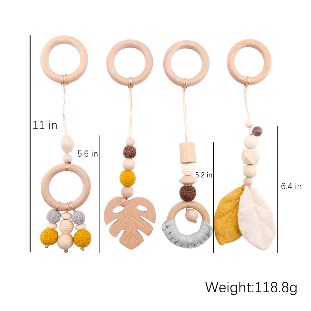 4pcs Baby Wooden Pendant Sensory Ring-Pull Beech Ring Wooden Teether Baby Play Gym BPA Free For Crib Rattle Pendant Toys Gifts