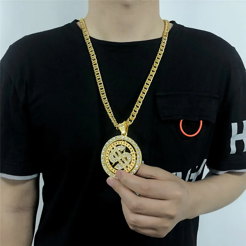 Hip Hop Gold Silver Color Rotating Dollar Pendant Long Necklace Rhinestone Men Boy Jewelry Rotating Disc Necklace Accessories